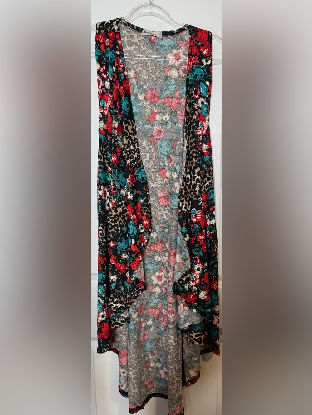 Sleeveless Floral Leopard Open-Front Cardigan Red, Teal, Black one size stretch
